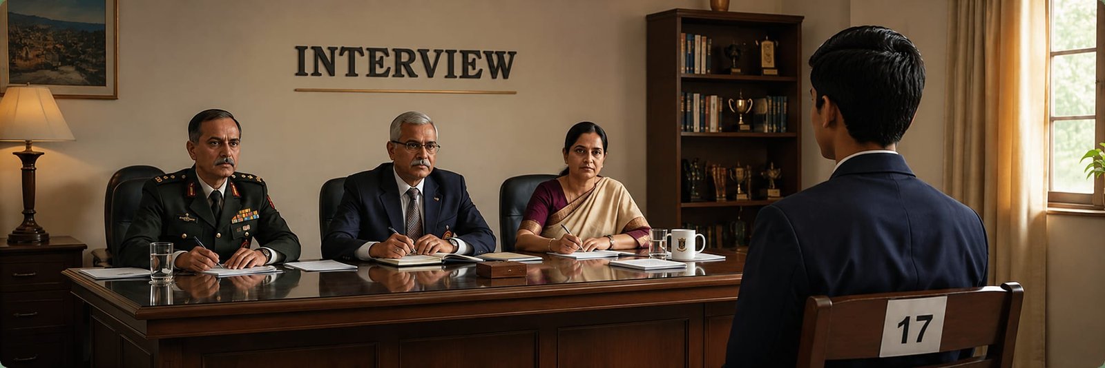 An interview board of three assessors facing a candidate