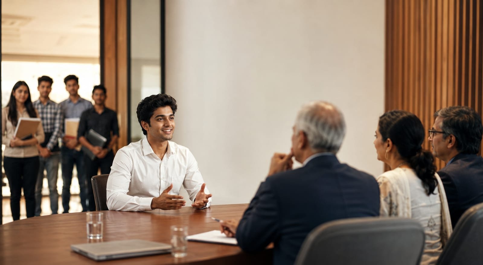 A candidate seated before an interview board
