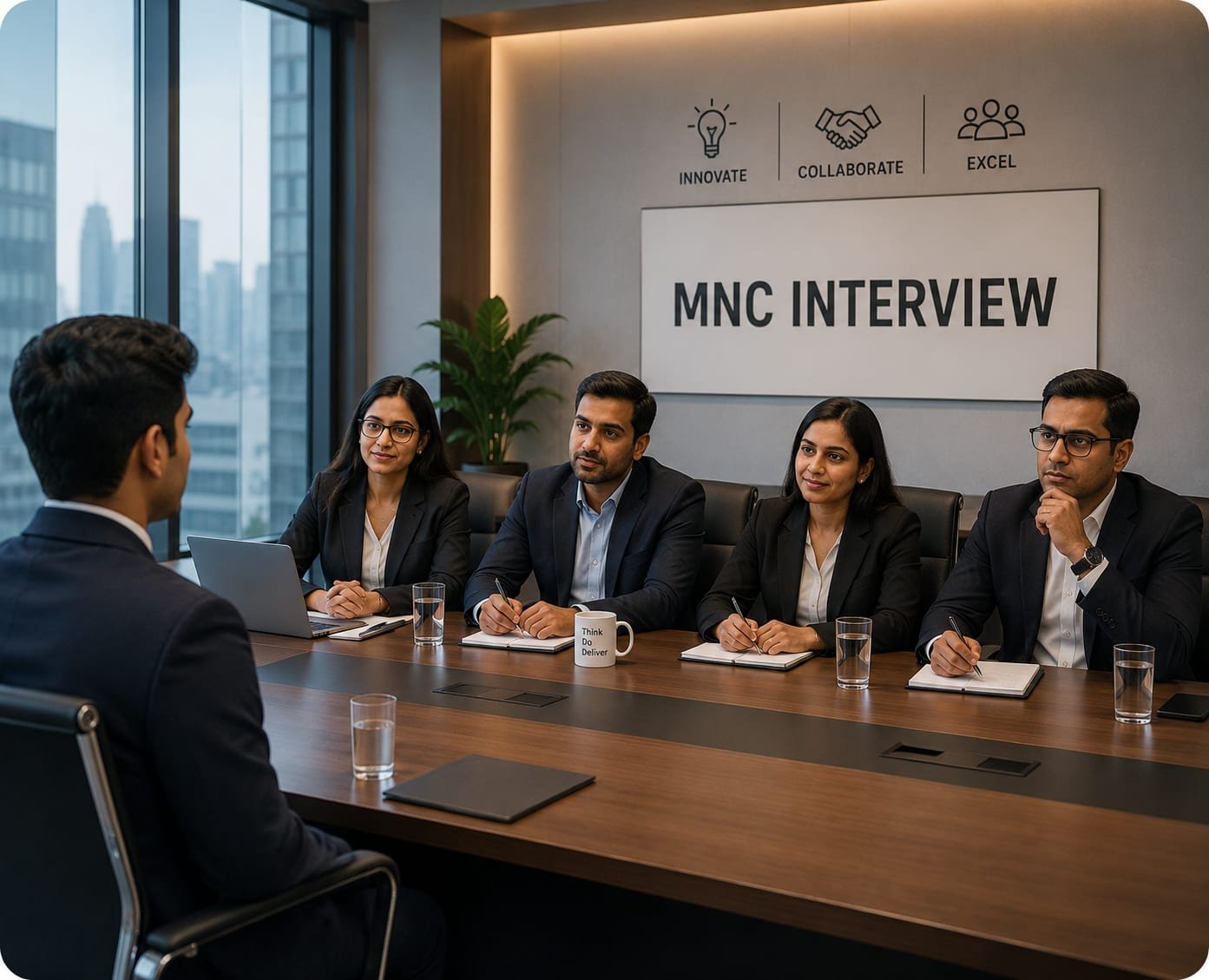A graduate facing a four-person panel in a multinational office