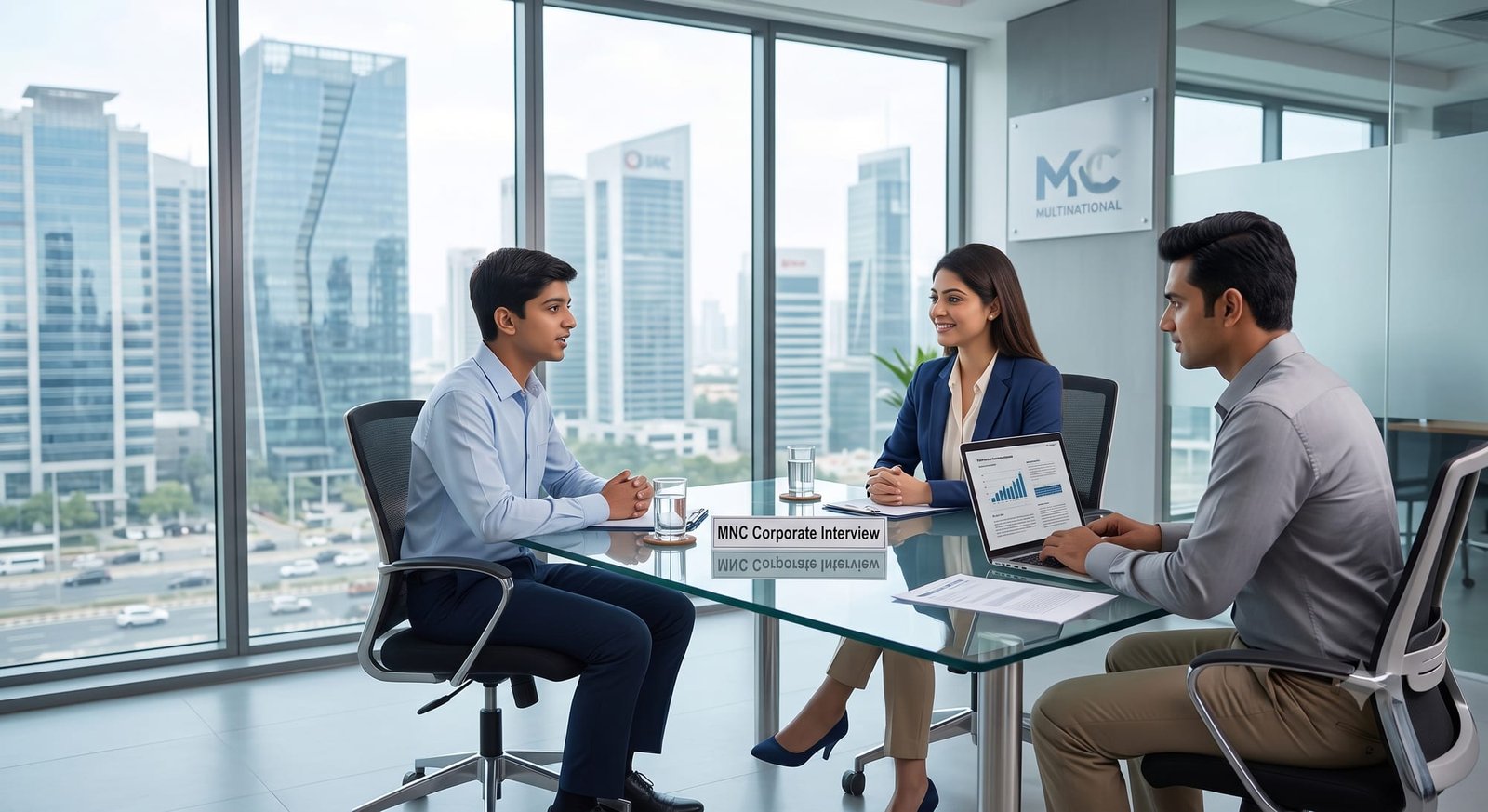 A campus-to-corporate interview in a multinational office