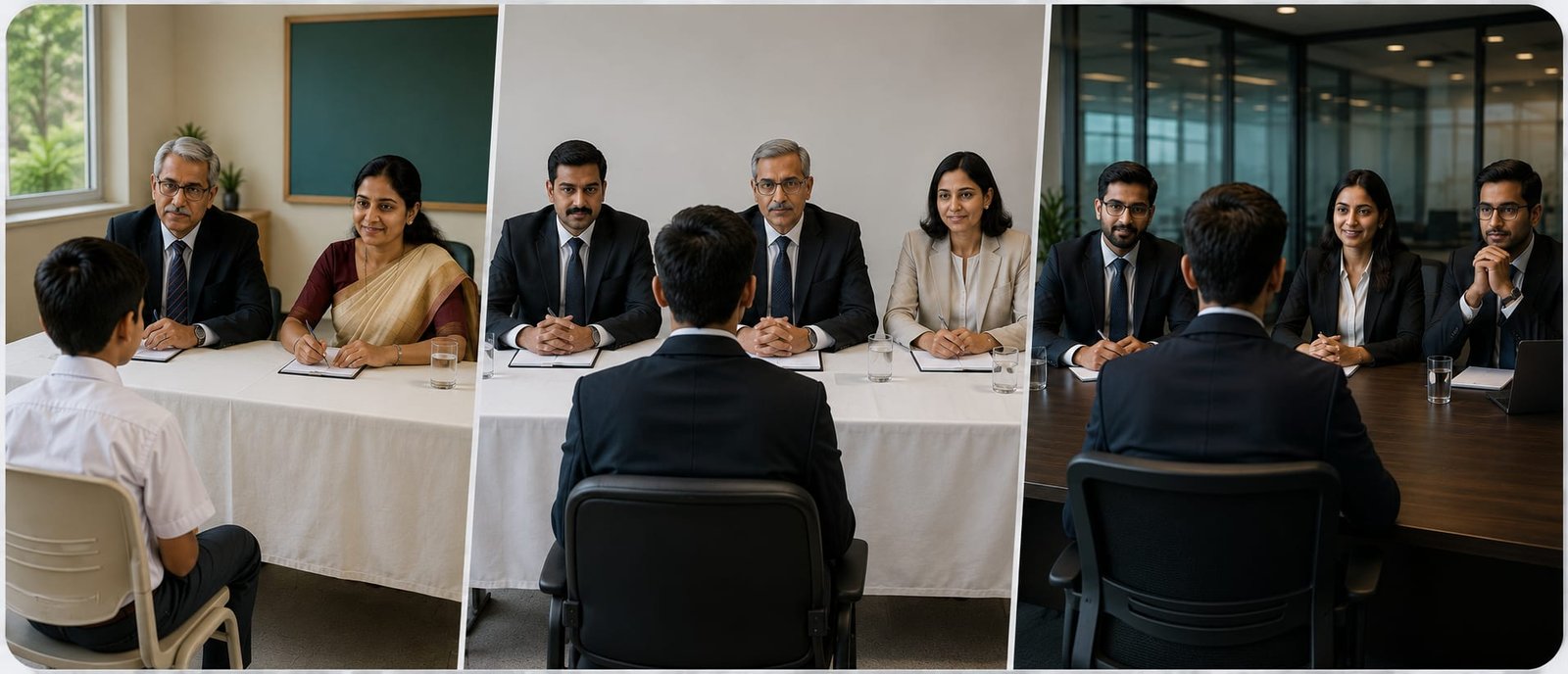 Three interview settings: school board, selection board and corporate panel
